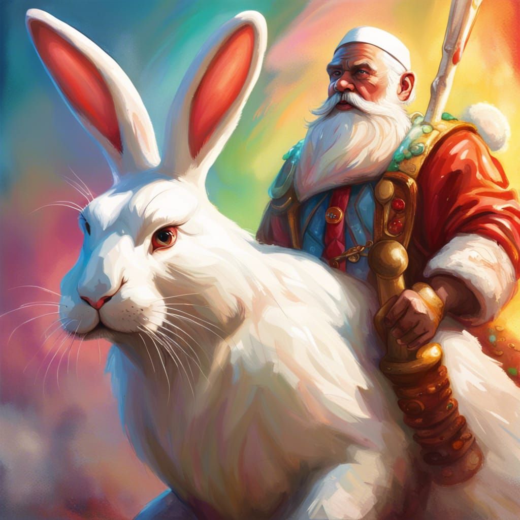St. Claus approaches riding a huge Easter white bunny