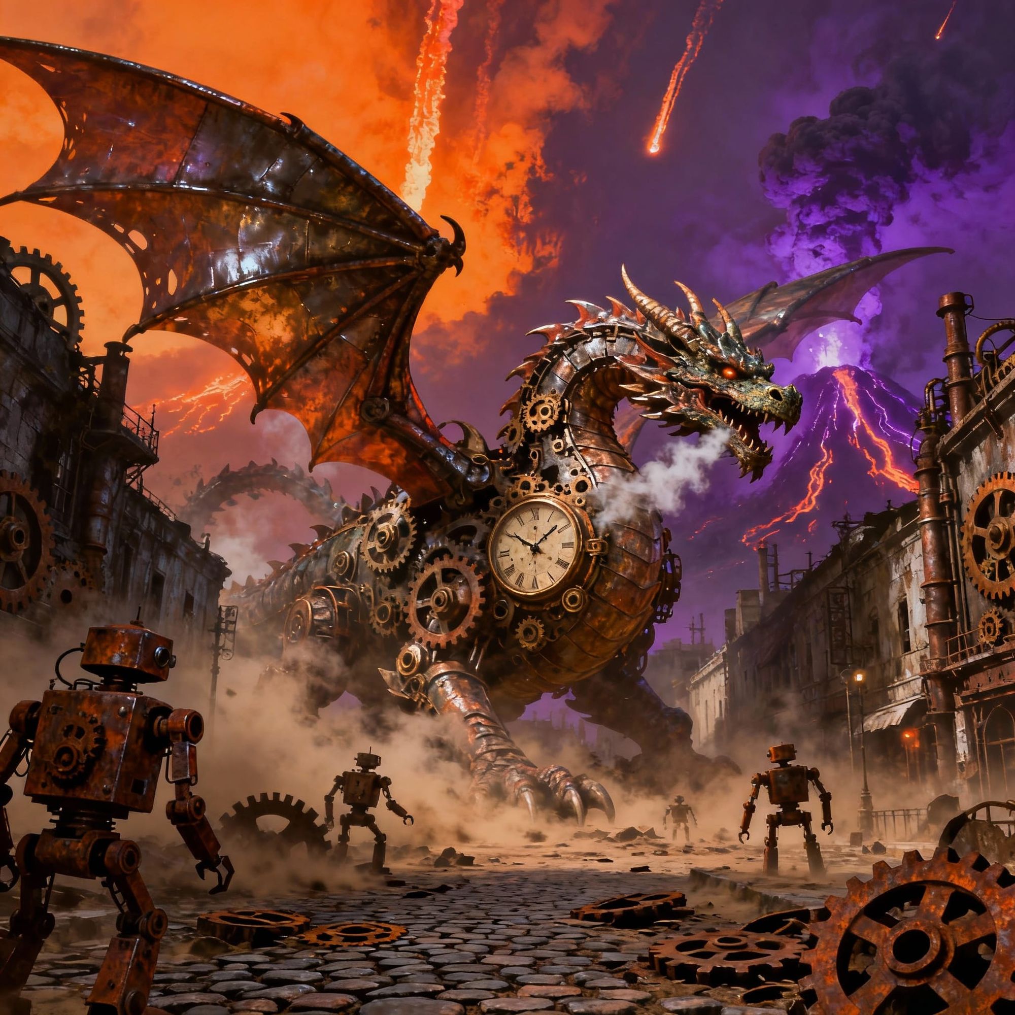 A colossal, ancient clockwork dragon awakens in a forgotten steampunk metropolis, gears grinding and steam hissing as its metallic wings unf...