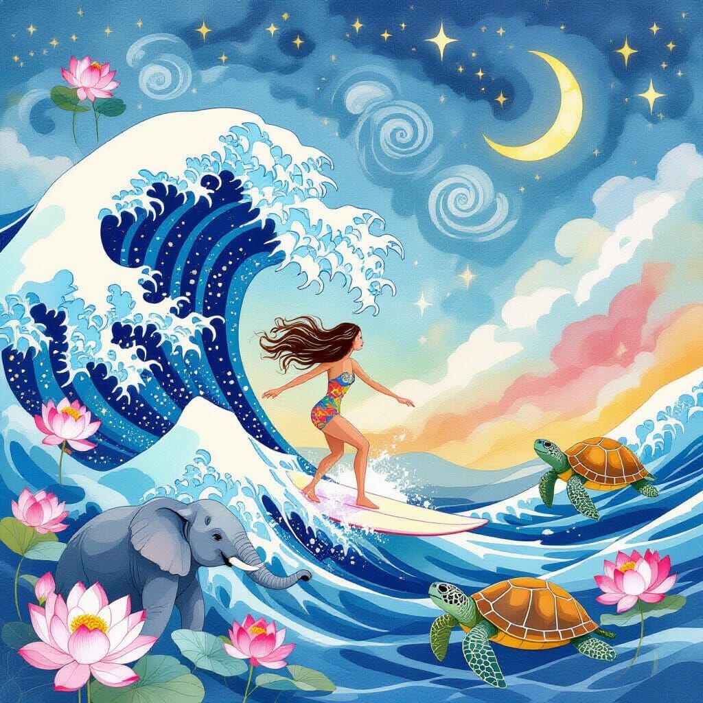 Ethereal Watercolor Surfing Scene with Woman and Wildlife