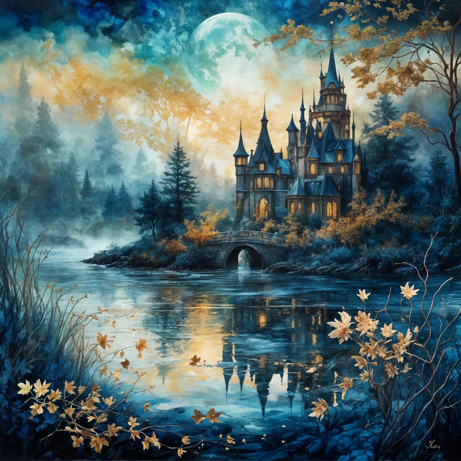 Lace Art Maple Leaf Pond in Dark Fantasy Style