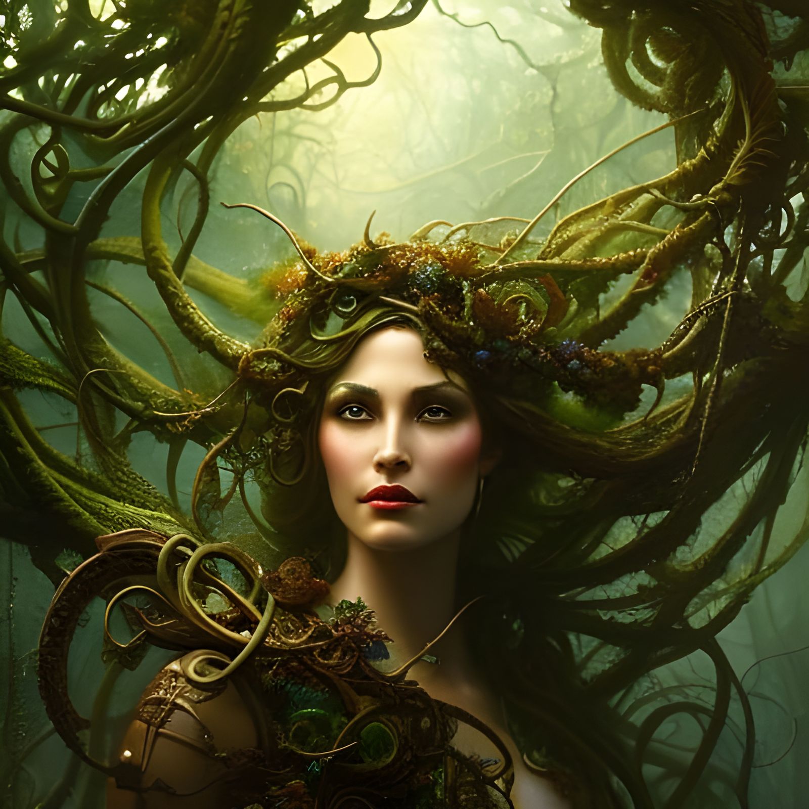 a woman covered in vines, vine tentacles strangling a woman, beautiful ...