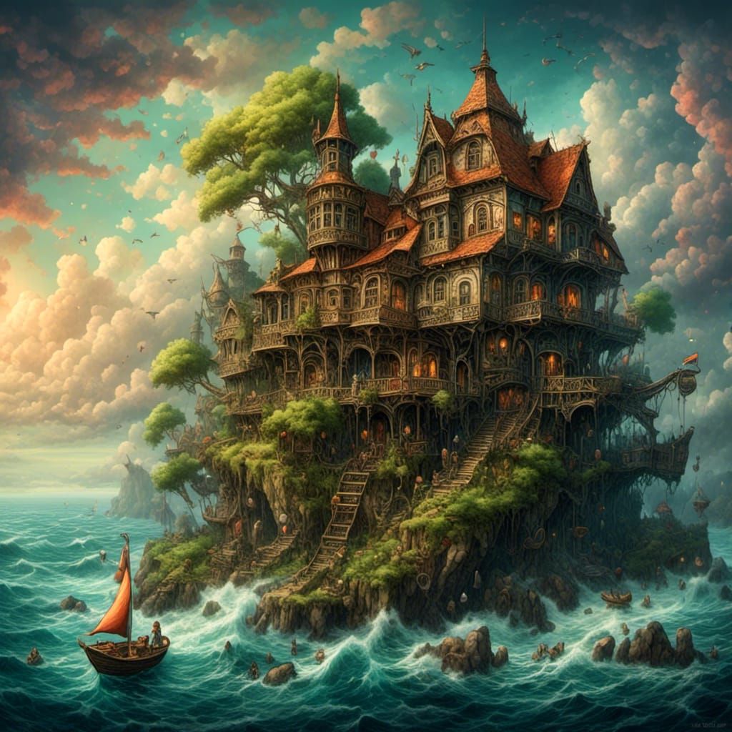 A multi-storey rickety old house on a tiny island in the middle of the ocean <lora:Surreal fantasy:1.0> 