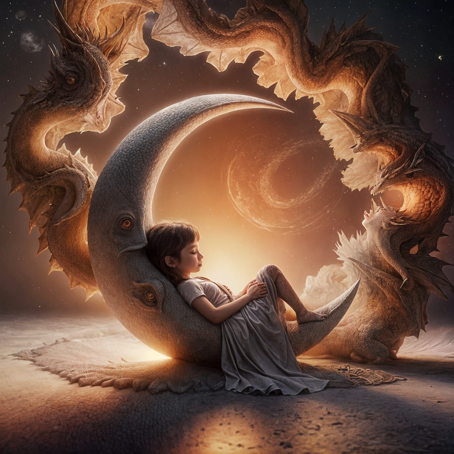 On the horn of the new moon a little girl sleeps and dreams of heroes and dragons  by @Likvi