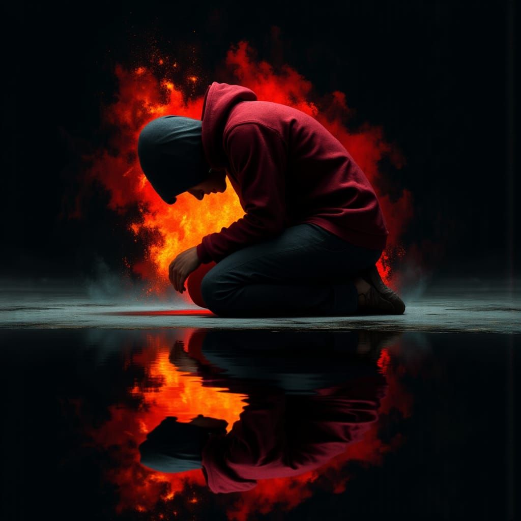 <lora:AffectaFlux:1.0> A man in a red hoodie kneeling on the ground, looking down at his reflection in the water with fire surrounding him. ...