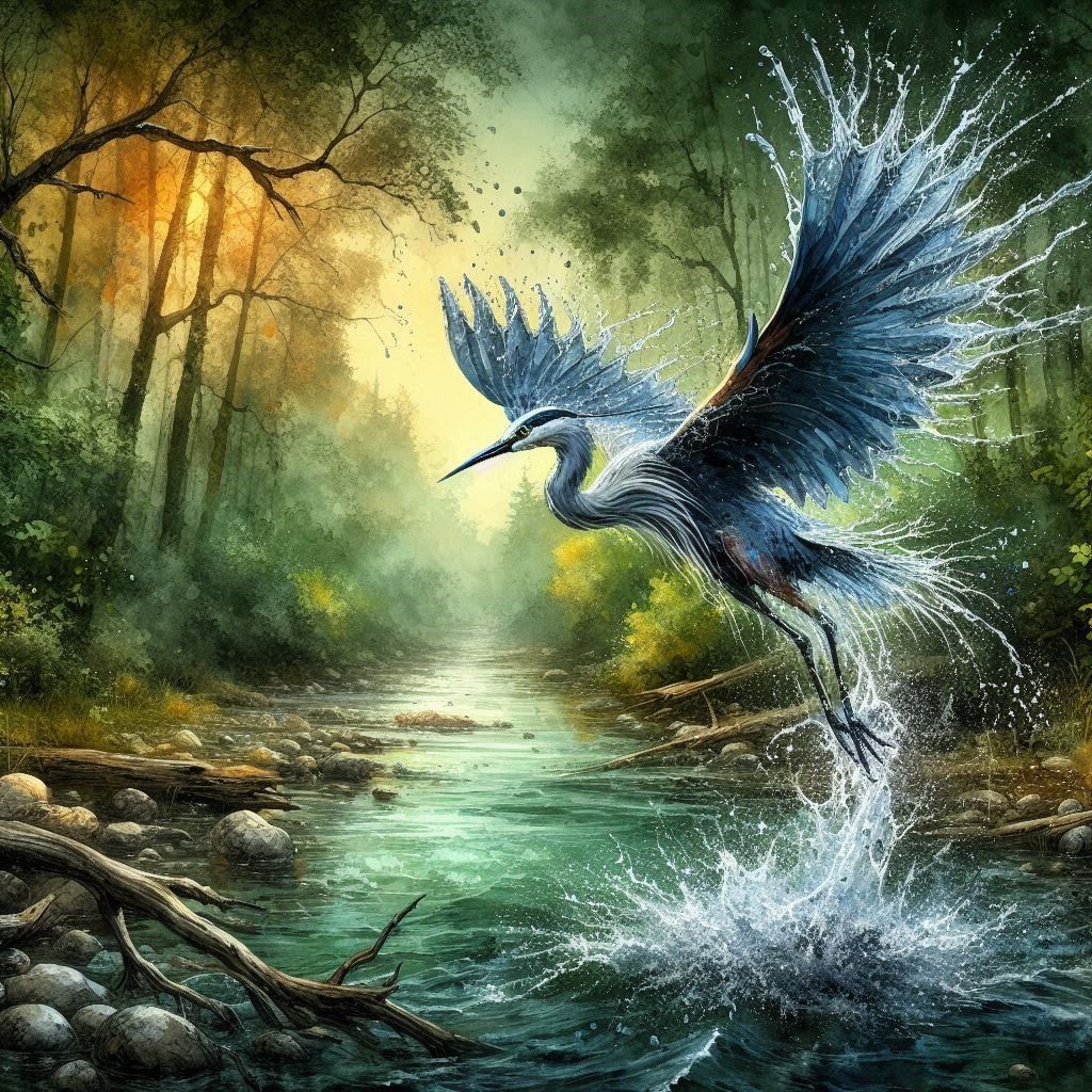 Heron flying over a stream