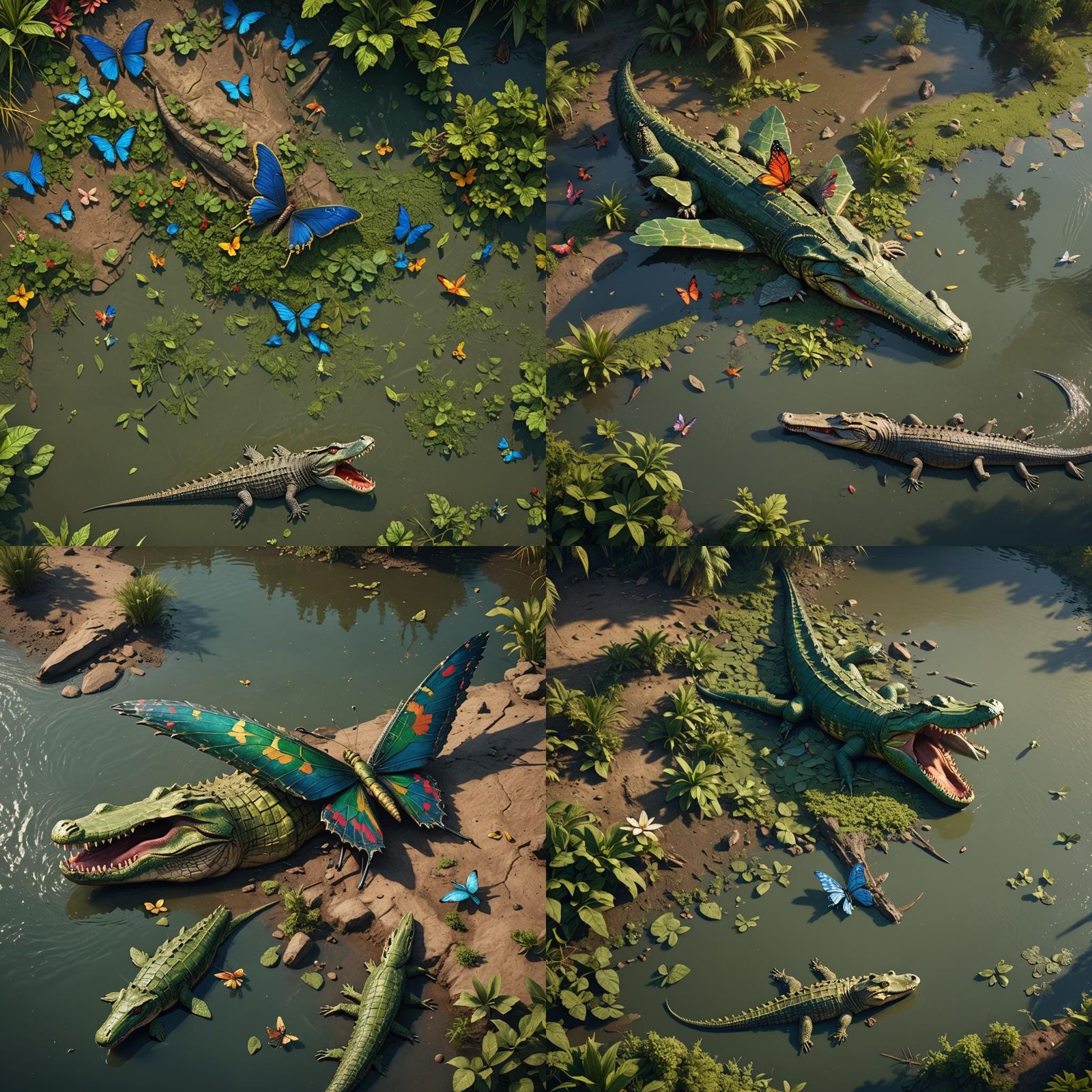 A small colorful butterfly swallows a huge crocodile on the ...