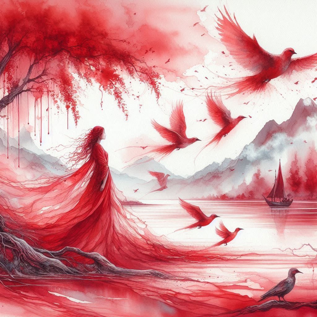 Watercolor painting of a woman and birds