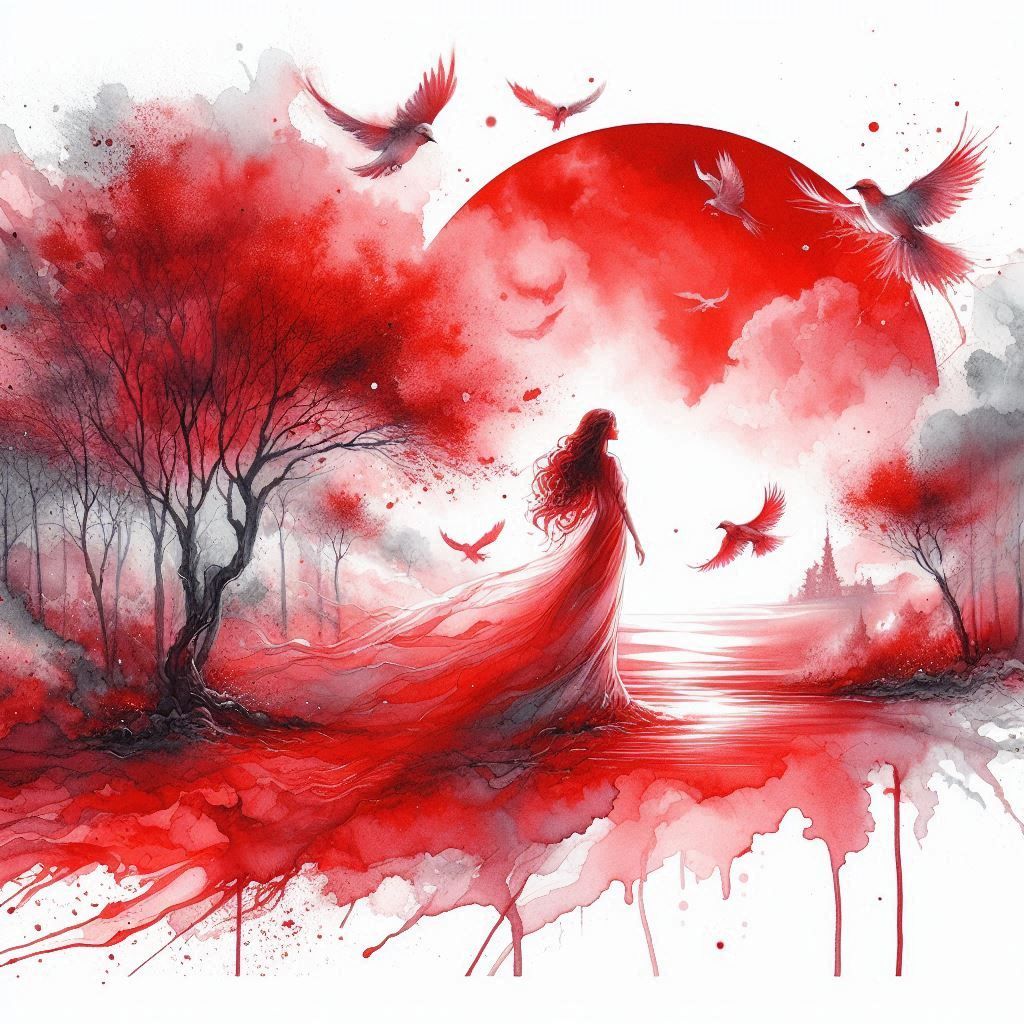 Watercolor painting of a woman and birds