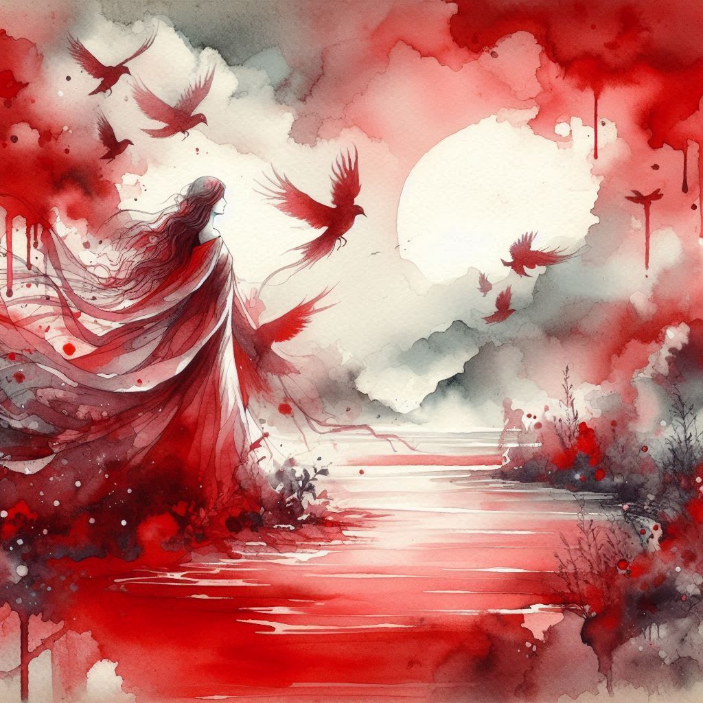 Watercolor painting of a woman and birds