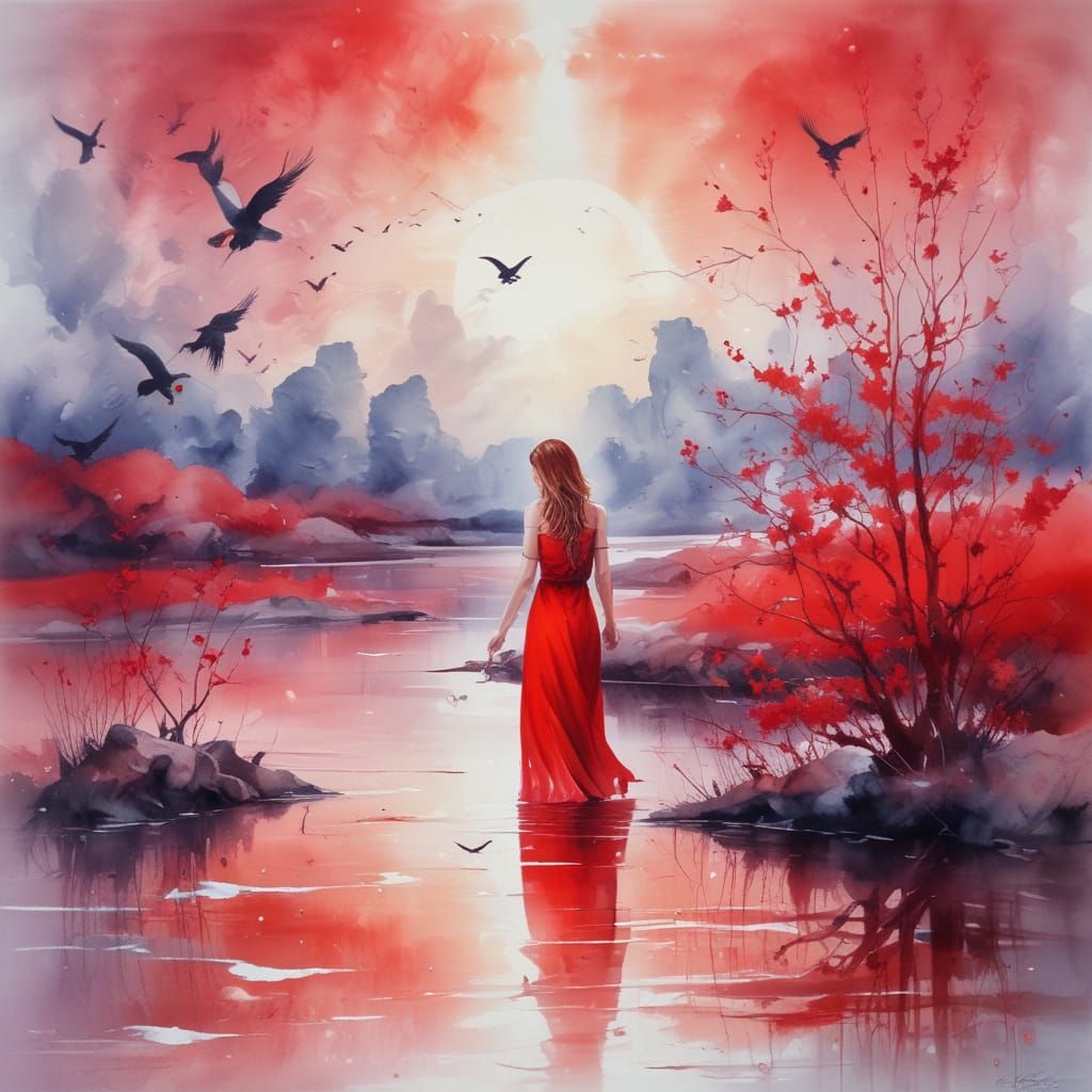Watercolor painting of a woman and birds