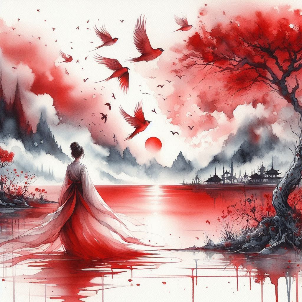 Watercolor painting of a woman and birds