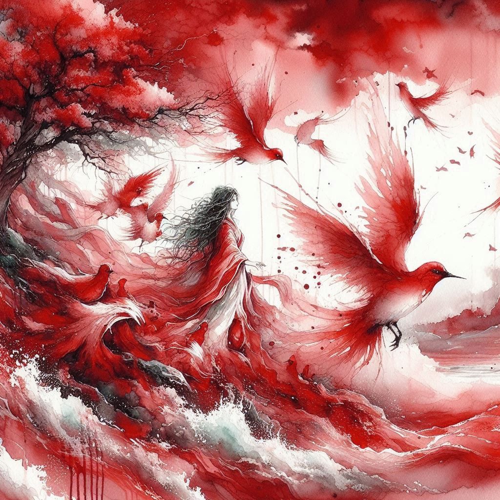 Watercolor painting of a woman and birds