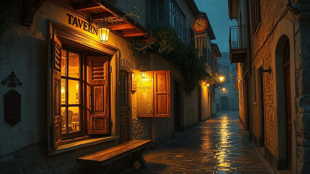 A glowing tavern window in small village on a rainy night in greece  by @RocketCat