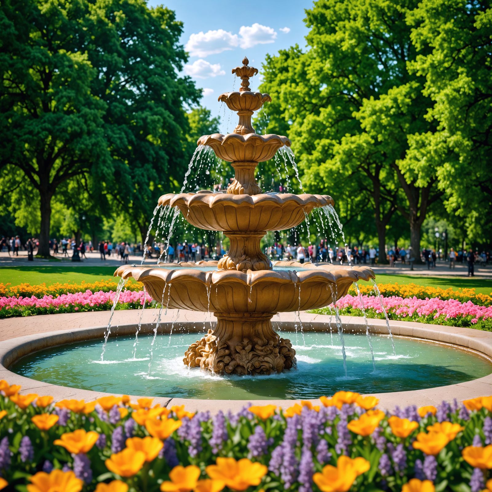 A fountain in a city park with trees and flowers, HDR, beautifully shot, hyperrealistic, sharp focus, 64 megapixels, per...