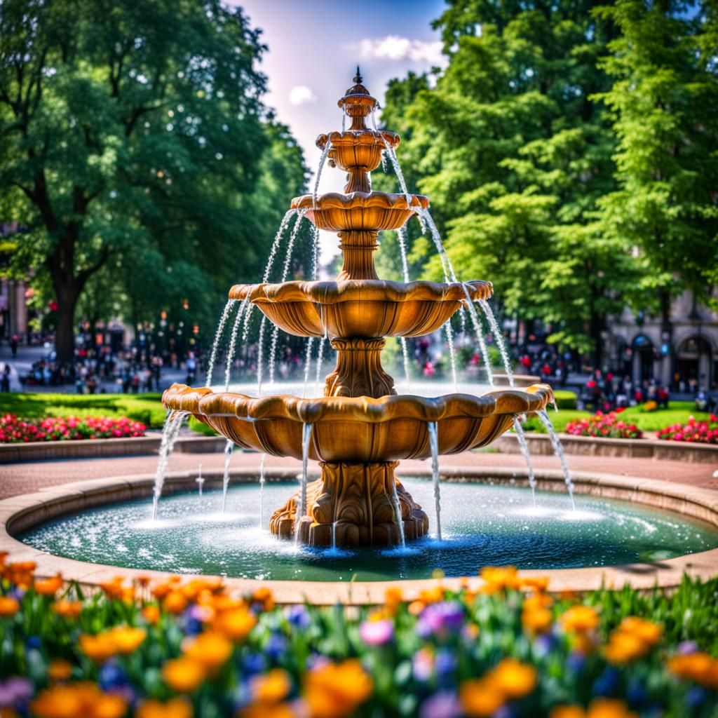 A fountain in a city park with trees and flowers, HDR, beautifully shot, hyperrealistic, sharp focus, 64 megapixels, perfect composition, hi...