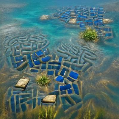 A maze of stepping stones in shallow blue water, 8k HD reali...