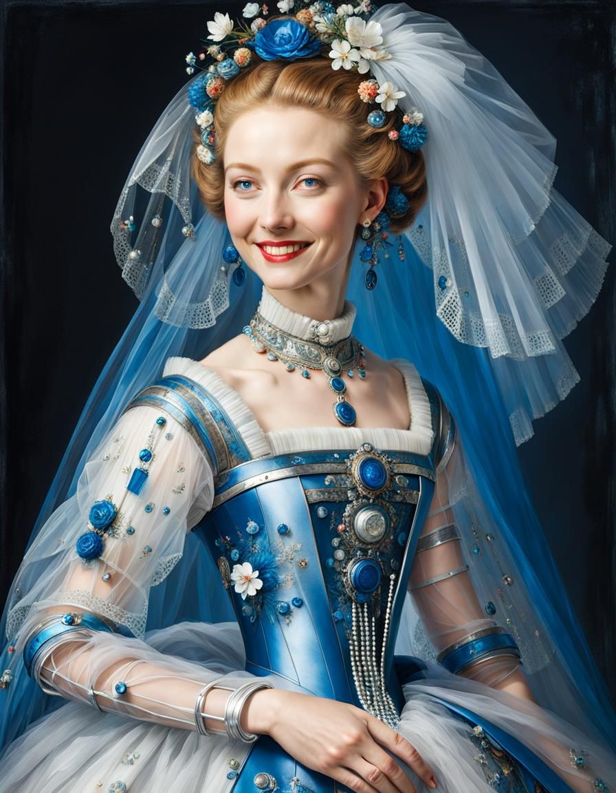 ""beautiful smiling cyborg woman wearing an intricate futuri...