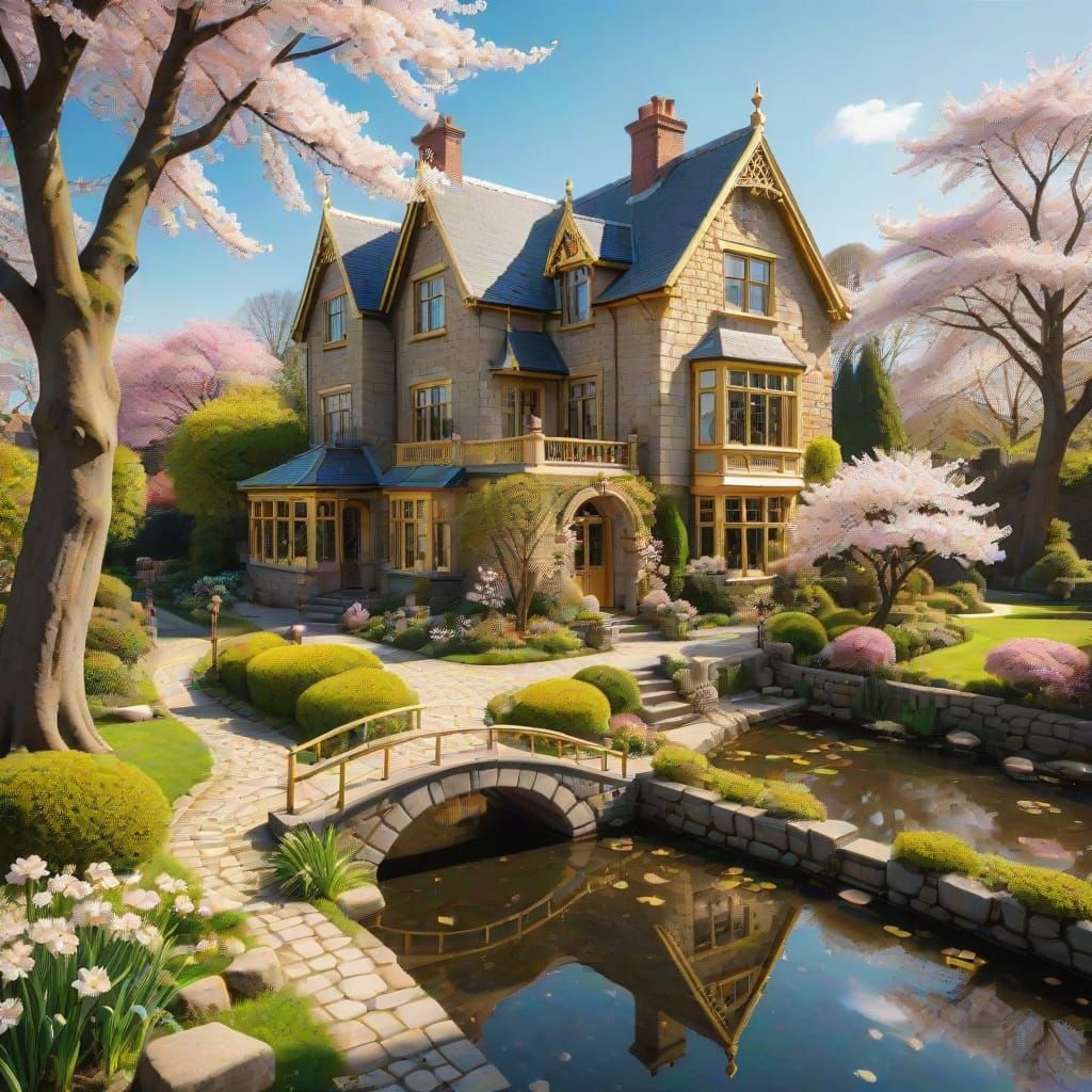 Golden Victorian House with Cherry Blossom Garden