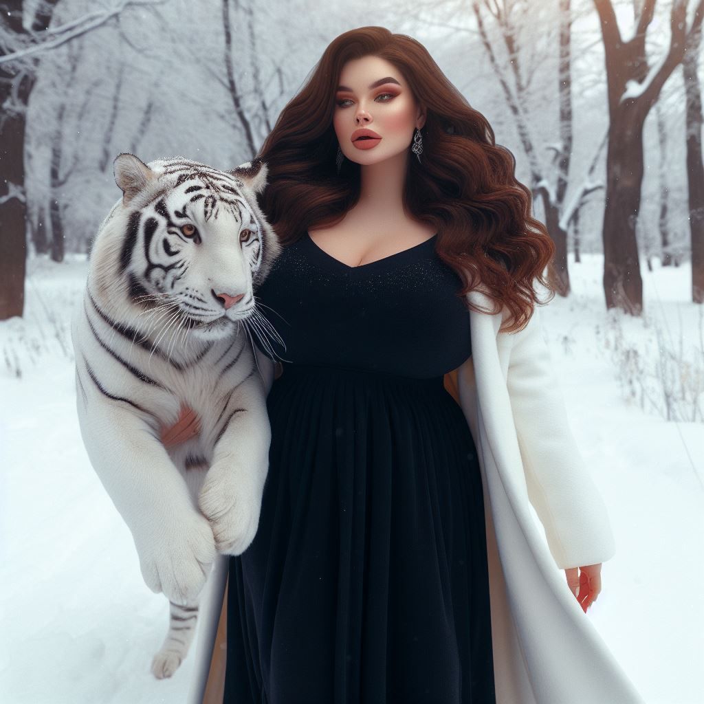 Lady walking pet white tiger