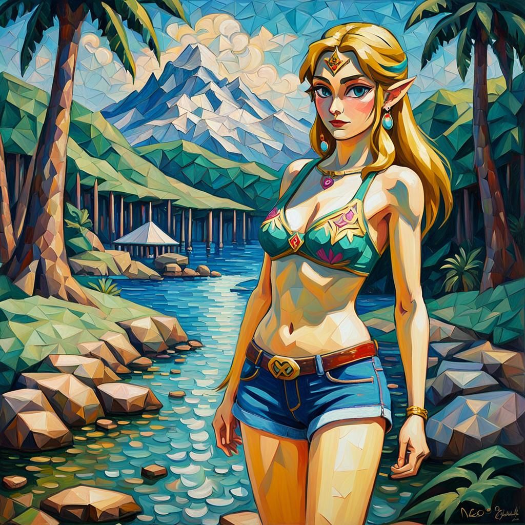 Princess Zelda wearing a bikini top and jean shorts
