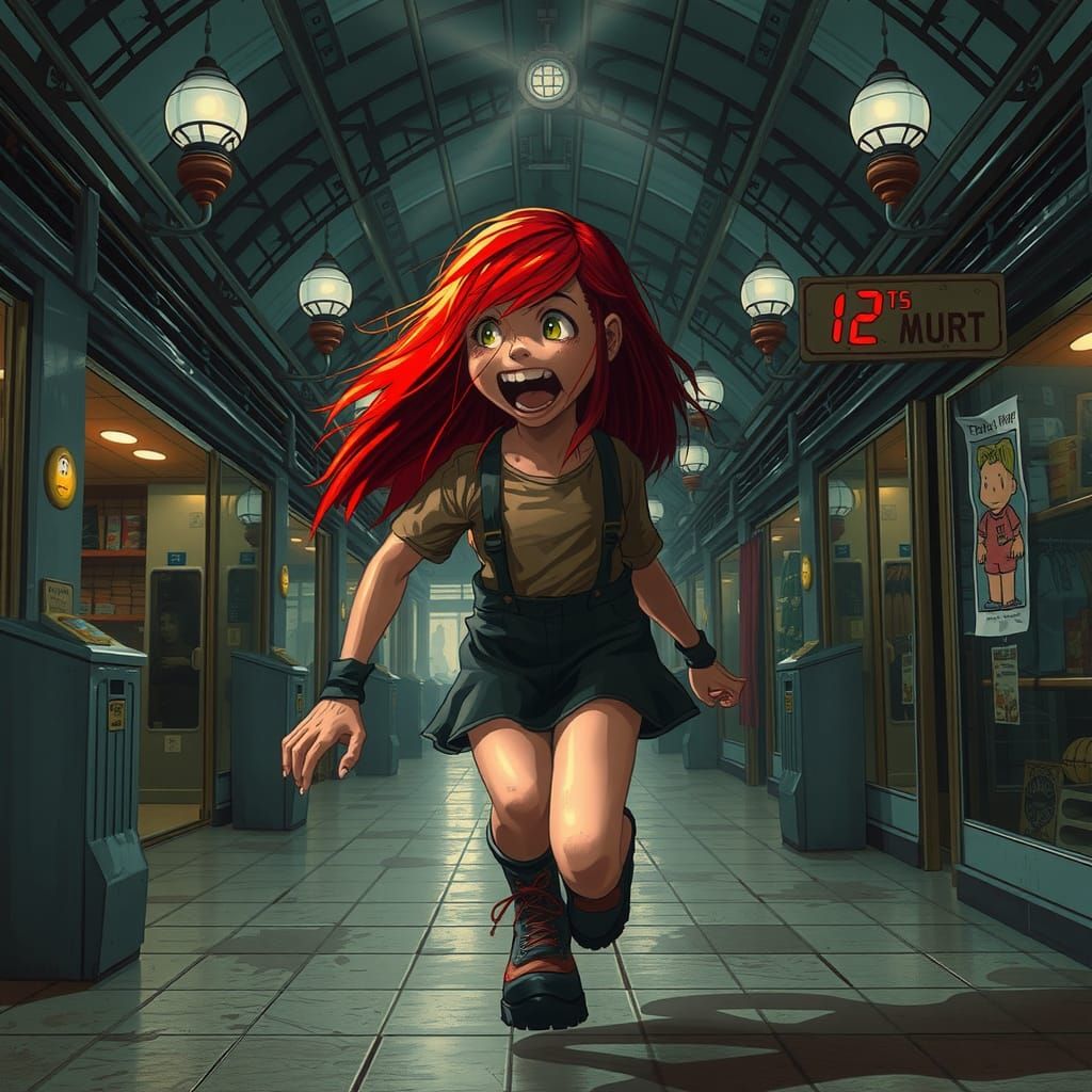 Red haired freckled girl with a pixie cut running from Pyram...