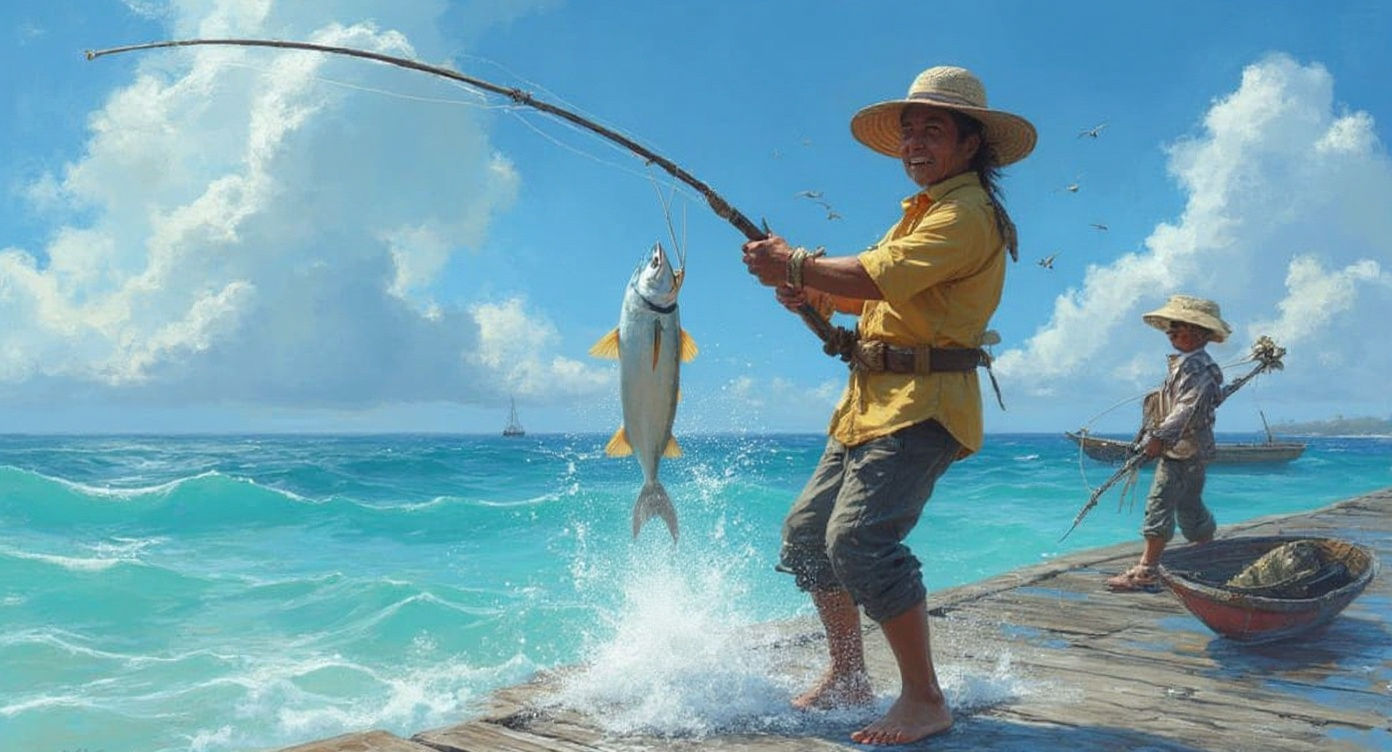 A joyful fisherman at the Bedok Jetty in Singapore is reeling in a huge fish that is swishing about. The sea is turquoise coloured with gentle waves