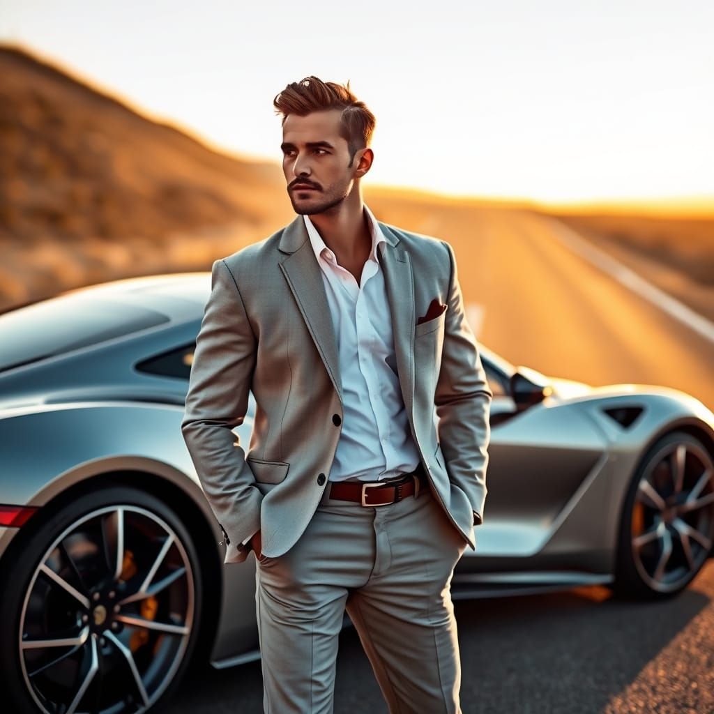 Man and Sports Car at Sunset