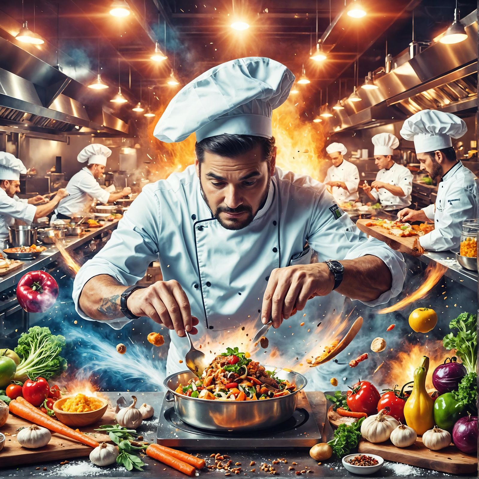 In a busy kitchen, a chef skillfully plates a gourmet dish amid dynamic culinary activity, showcasing intense focus and movement.  by @Phantazia