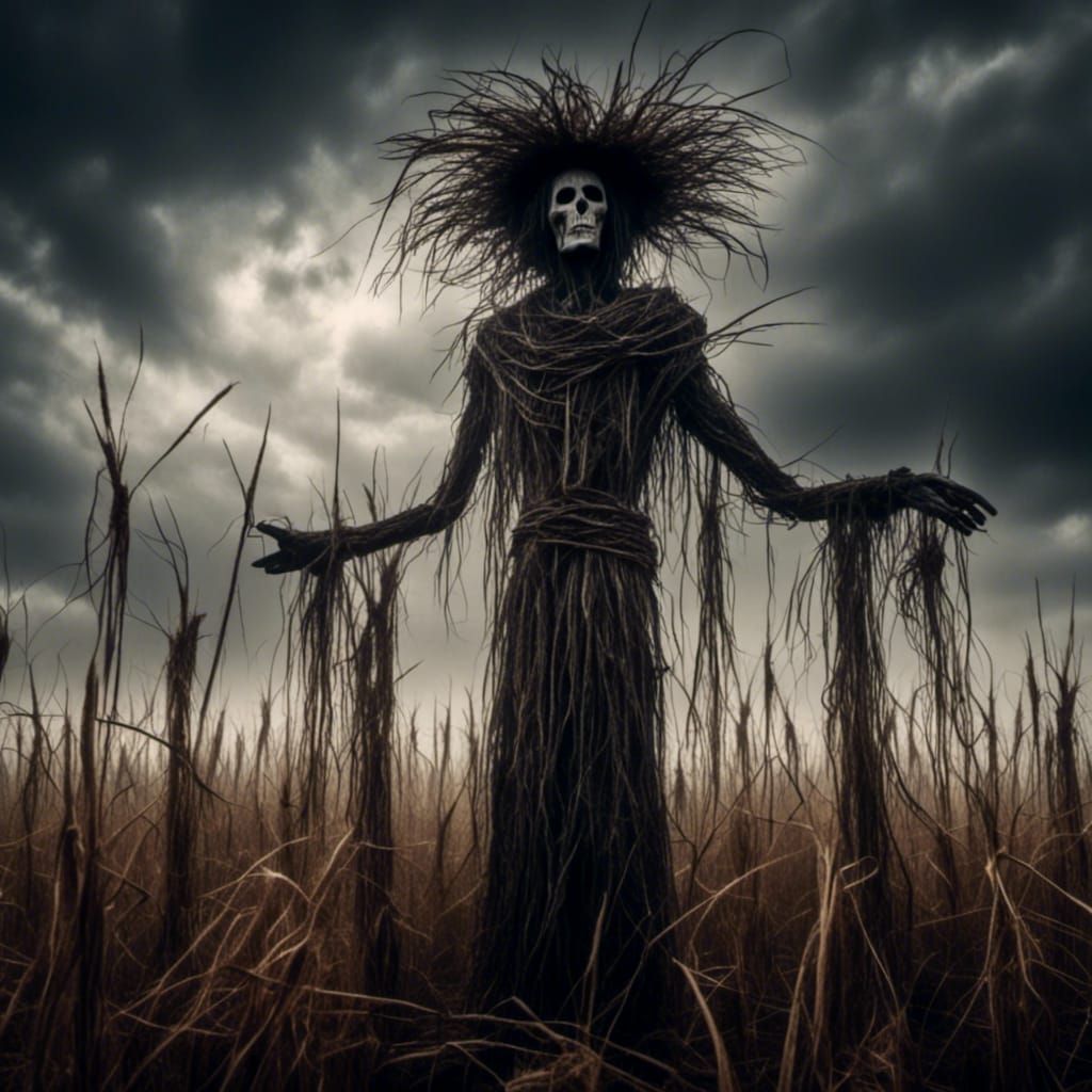 Ethereal Scarecrow in Harvested Field: Dark Surrealism