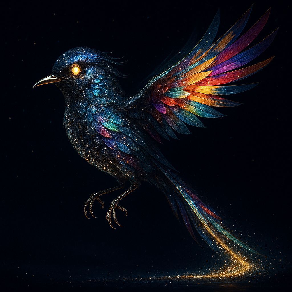 iridescent bird at night