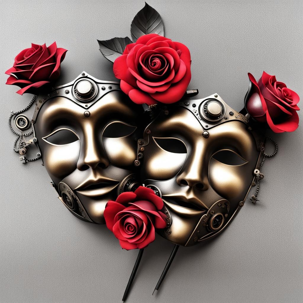 comedy and tragedy theatre masks with red rose. - AI Generated Artwork ...