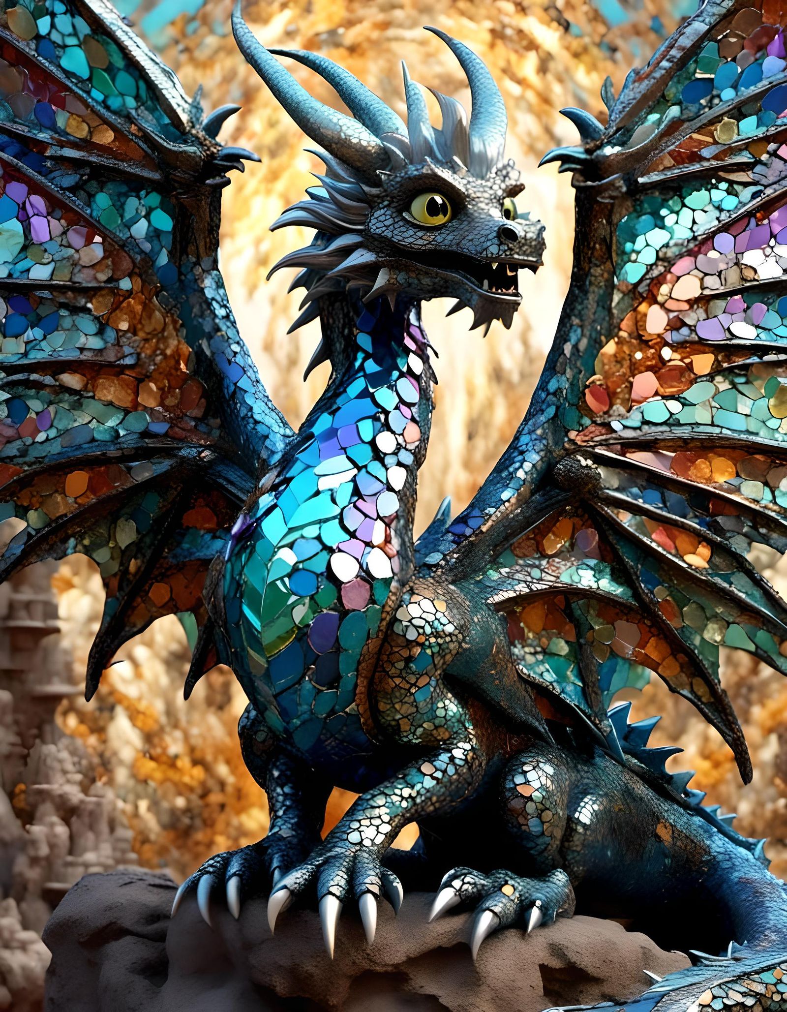 Iridescent Dragon with Mosaic Wings in 3D Anime Art