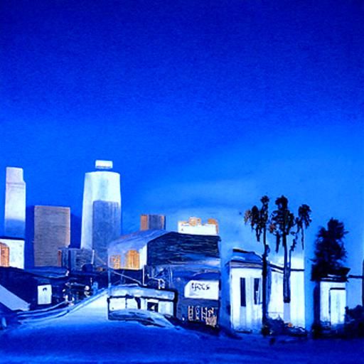 realistic beautiful blue and white painting of 1983 Los Ange...