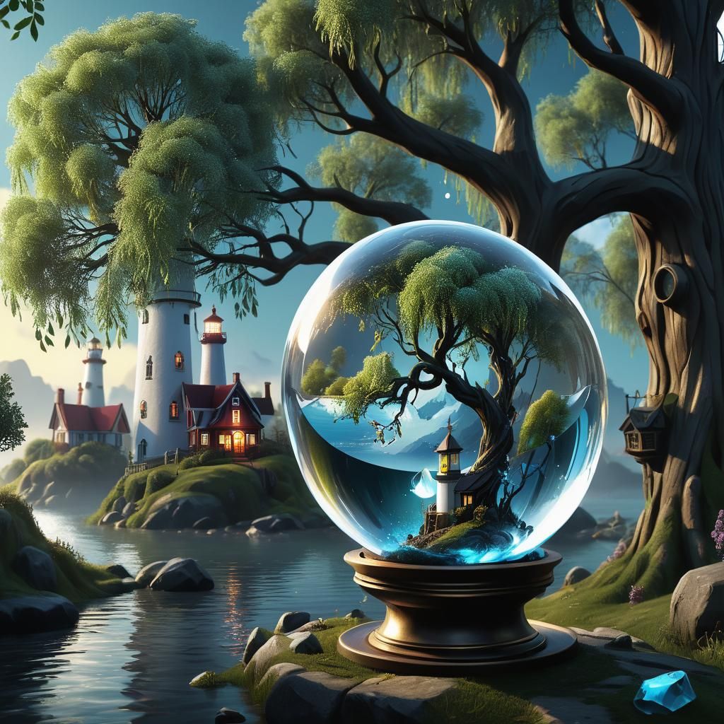 Crystal box,  crystal ball, willow tree, light house, unicor...