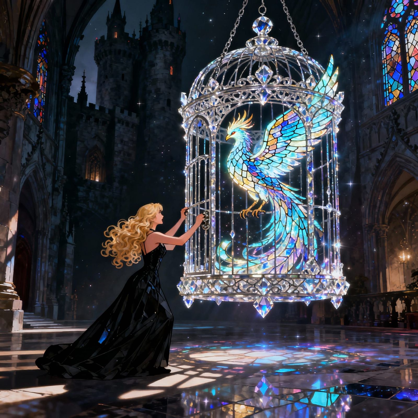 A majestic, bioluminescent phoenix is ​​trapped in an ornate, crystalline birdcage suspended in a dark ...  by @astra artsa
