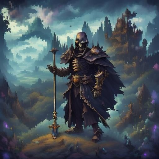 <lora:Spirit World:1.0> An armored skeletal warlock wielding a staff made of human bone and skull in the middle of a decrepit cemetery overl...