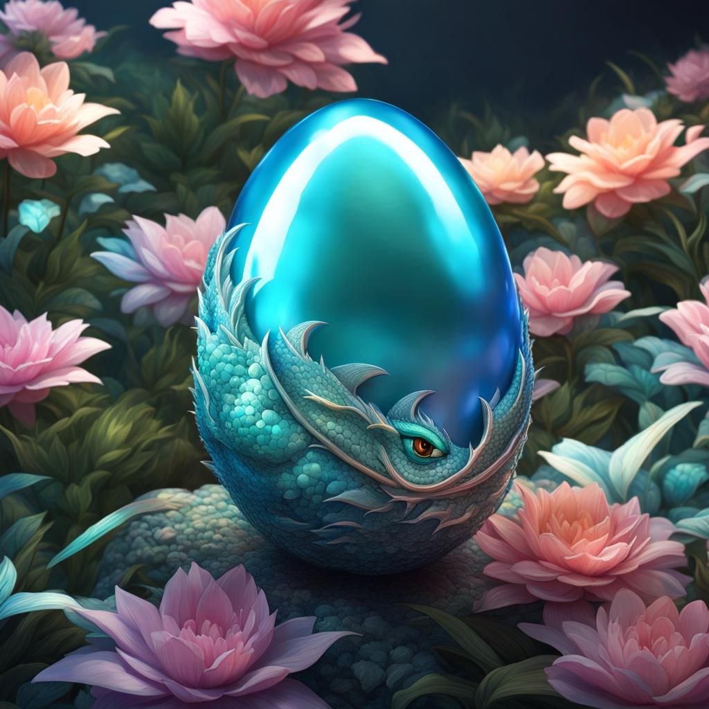 Beautiful shimmering aquamarine dragon egg,  little cute chi...
