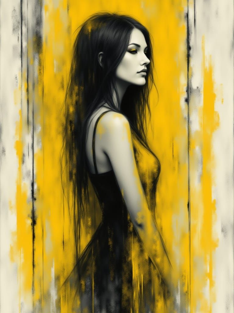 <lora:Messy chalk:1.0> female Half body length, messy chalk, fuzzy vertical lines, vivid yellow, stark black and white shapes in background