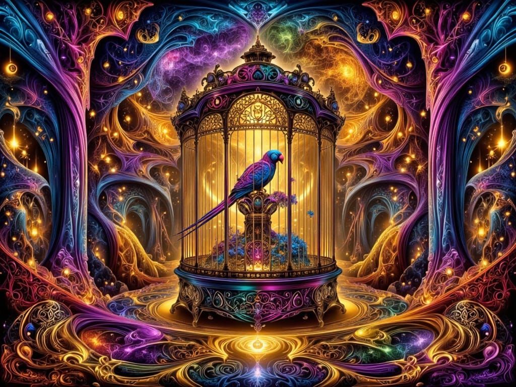 Hyperrealistic Zentangle Parlor Room with Parrot