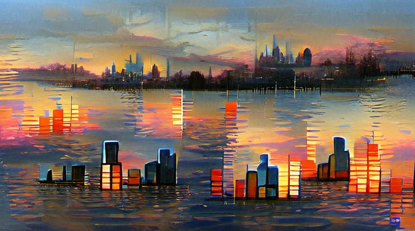 City skyline across the water at sunset