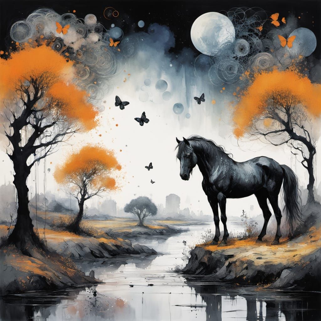 Black horse and autumn  ..Surreal painting