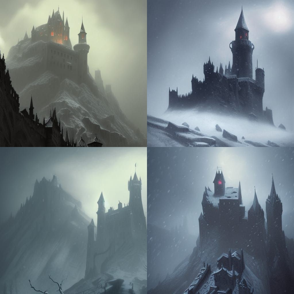 Overview Castle Ravenloft, Cainhurst Castle, Castlevania style, snow