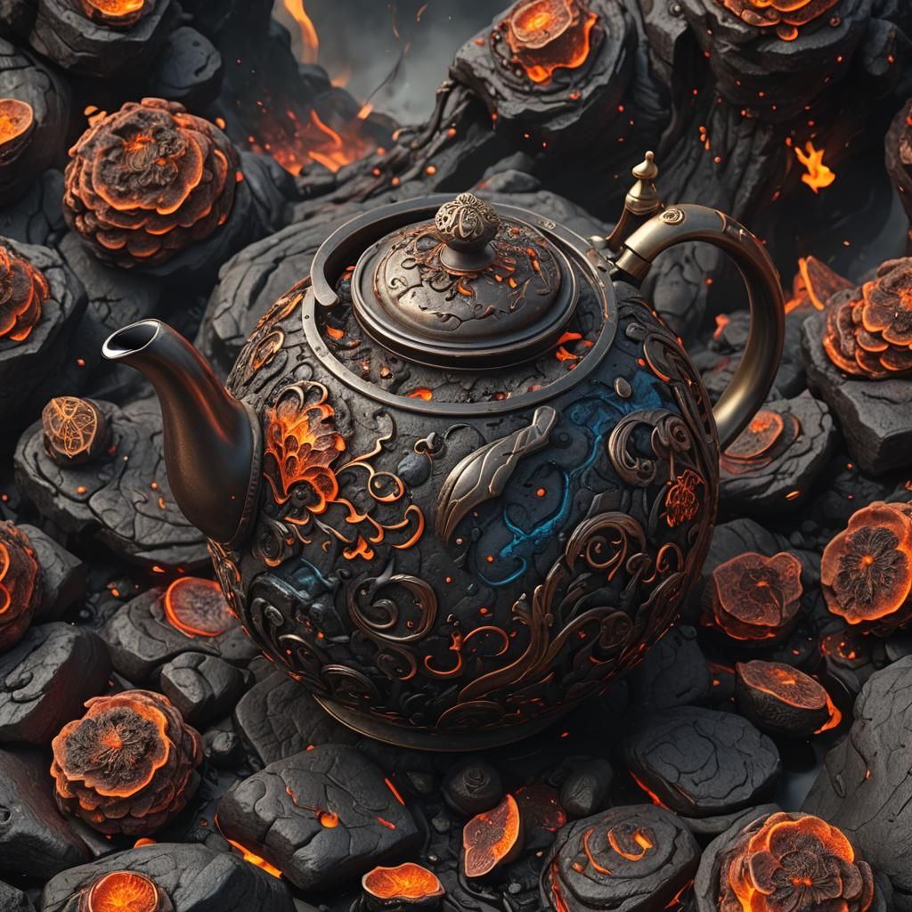 Close up of A realistic  tea pot made of lava