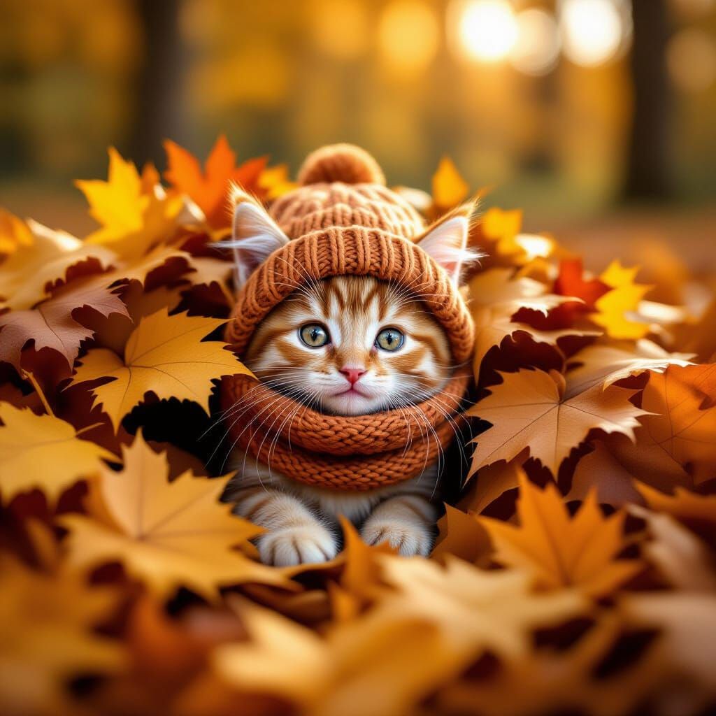a beautiful image of a cute happy little kitten hiding in a big pile of autumn leaves. the kitten is ...  by @Lulabell2025