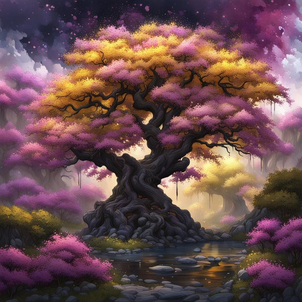 Japanese lilac tree; gold flecks; Speedpaint with large brus...