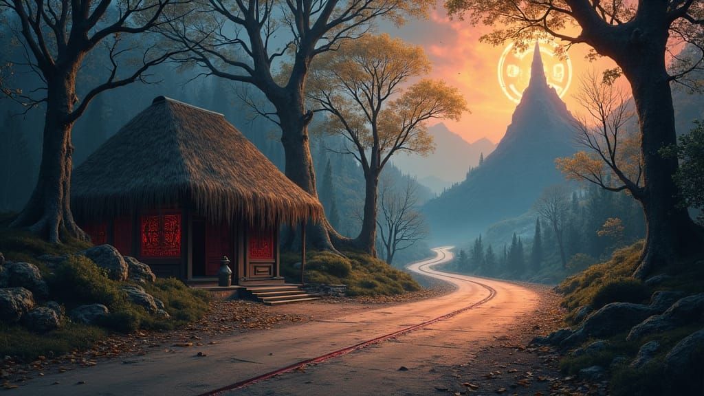 An oil painting capturing the surreal transition from the past to the present: On the left, an ancient, spiritual scene ...
