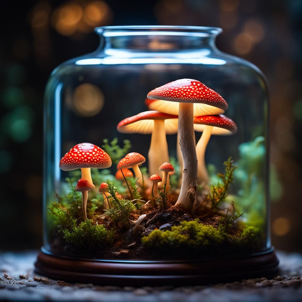 A Beautiful terrarium Amanita muscaria mushrooms inside a glass case ...