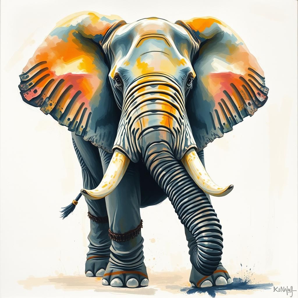 elephant with big tube in Gouache Style, Watercolor, Museum Epic