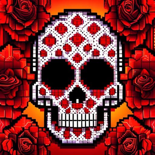 16 bit pixel art, skull and roses