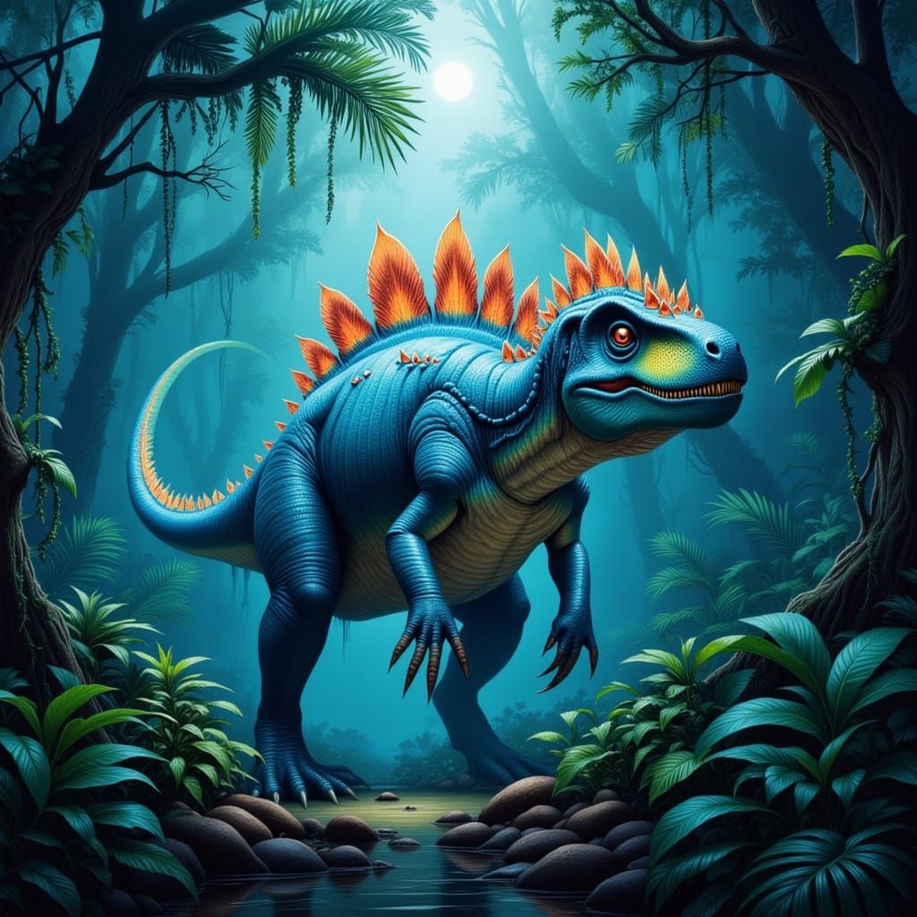 Bioluminescent Dinosaur in Alien Jungle Concept Art